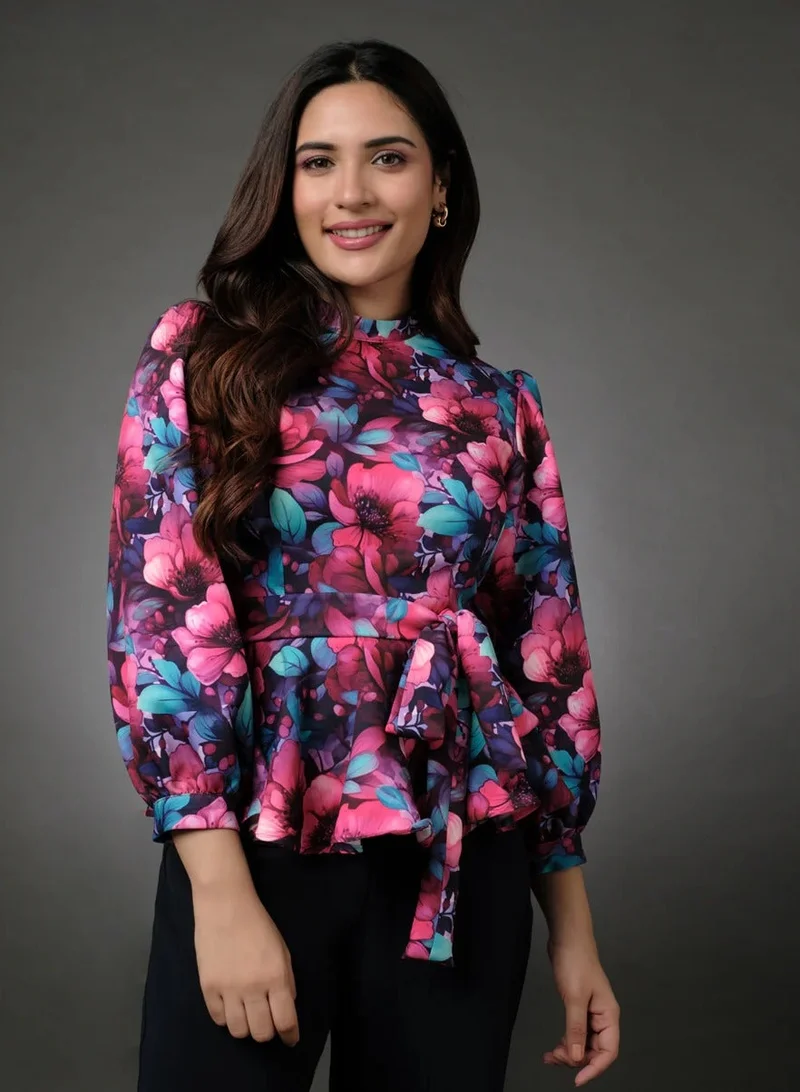 Zigzag Floral Peplum Top With Puffed Sleeve